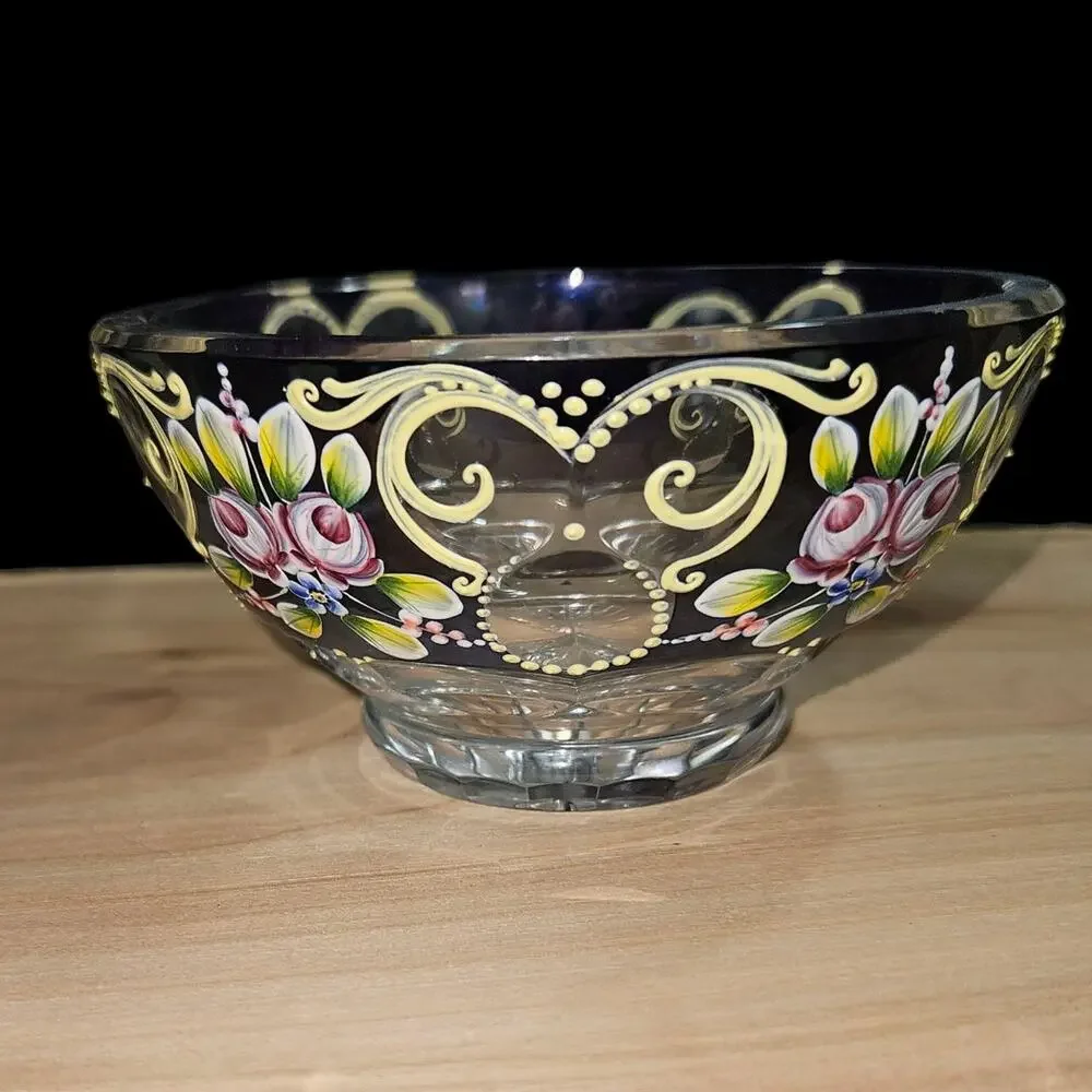 Bohemia Czechoslovakia 24% Lead Crystal Hand Painted Floral Art Glass Bowl